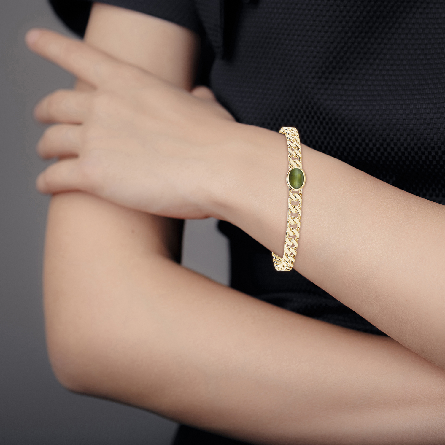 Oval Cat's Eye (Lehsunia) Curb Chain Bracelet
