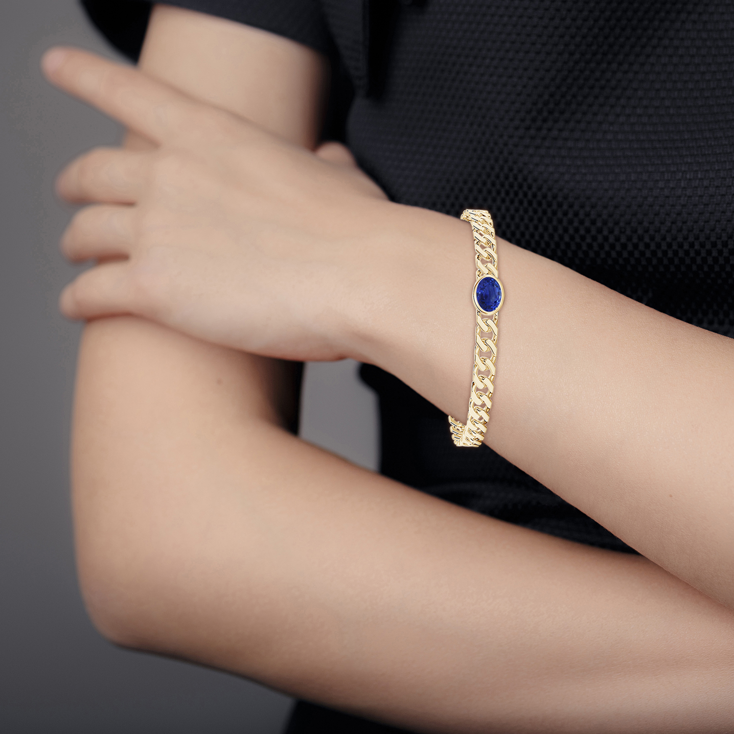 Oval Blue Sapphire (Neelam) Curb Chain Bracelet