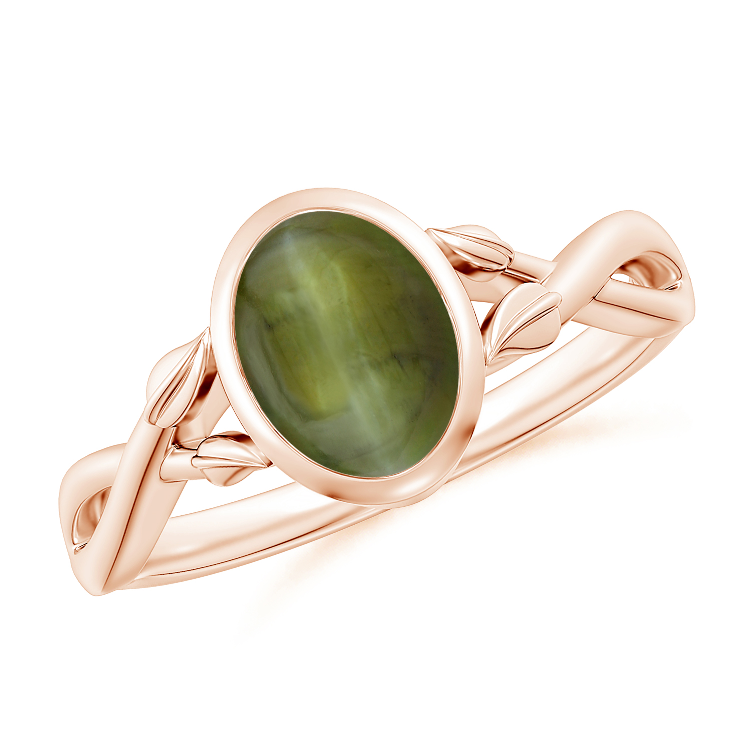 Nature Inspired Oval Cat's Eye (Lehsunia) Ring With Leaf Motif Gold
