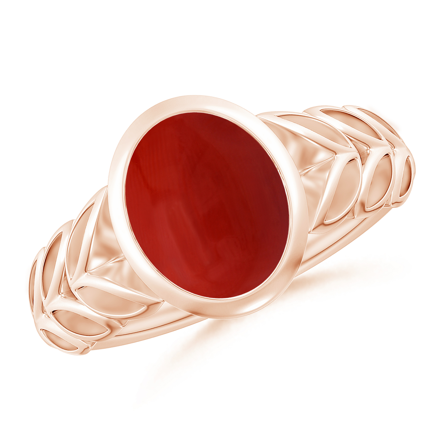  Oval Red Coral (Moonga) Ring With Leaf Motif 