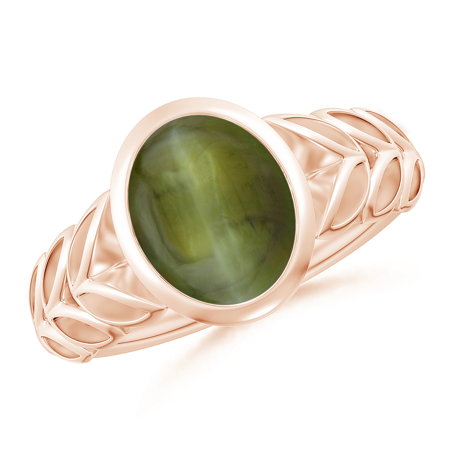  Oval Cat's Eye (Lehsunia) Ring With Leaf Motif 