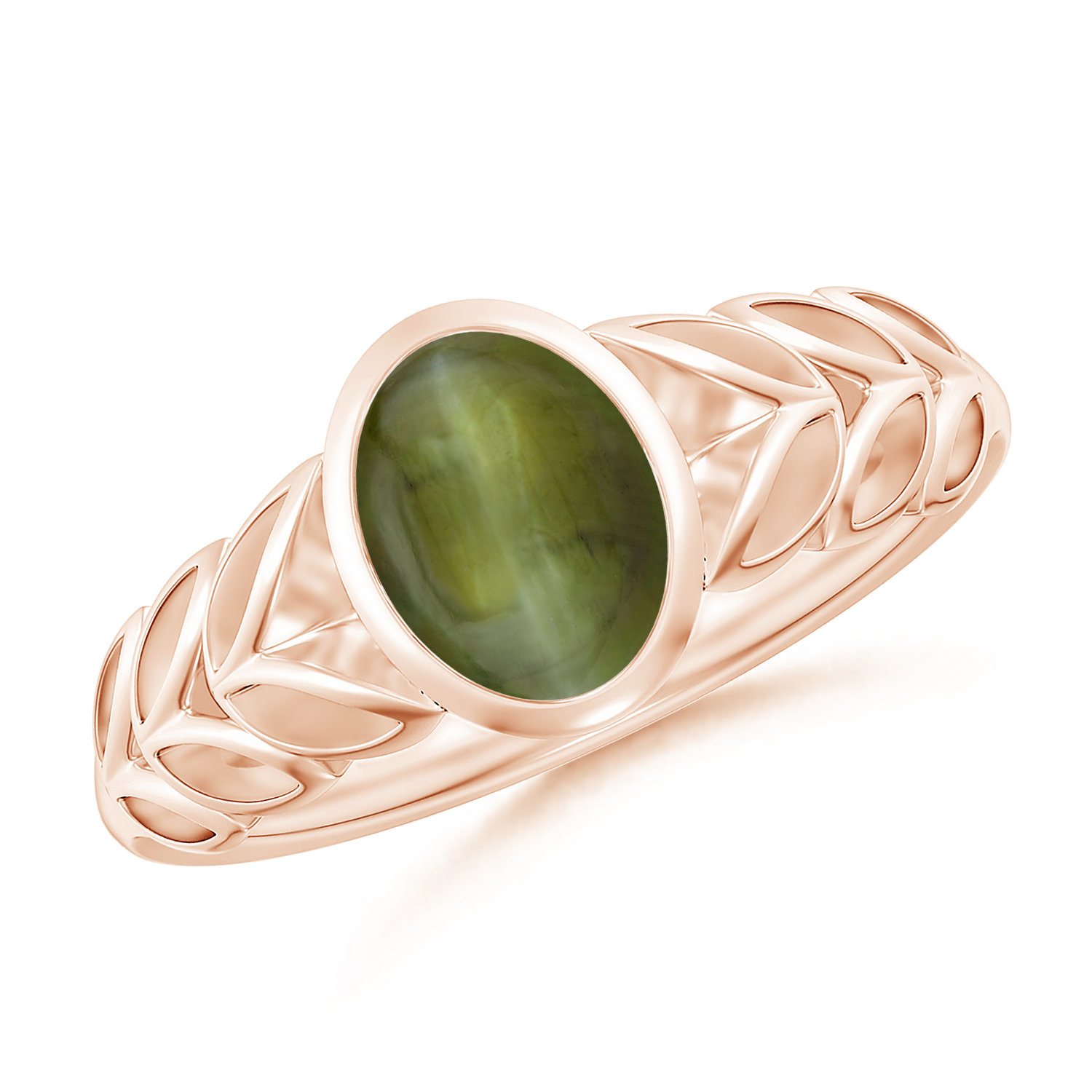 Oval Cat's Eye (Lehsunia) Ring With Leaf Motif