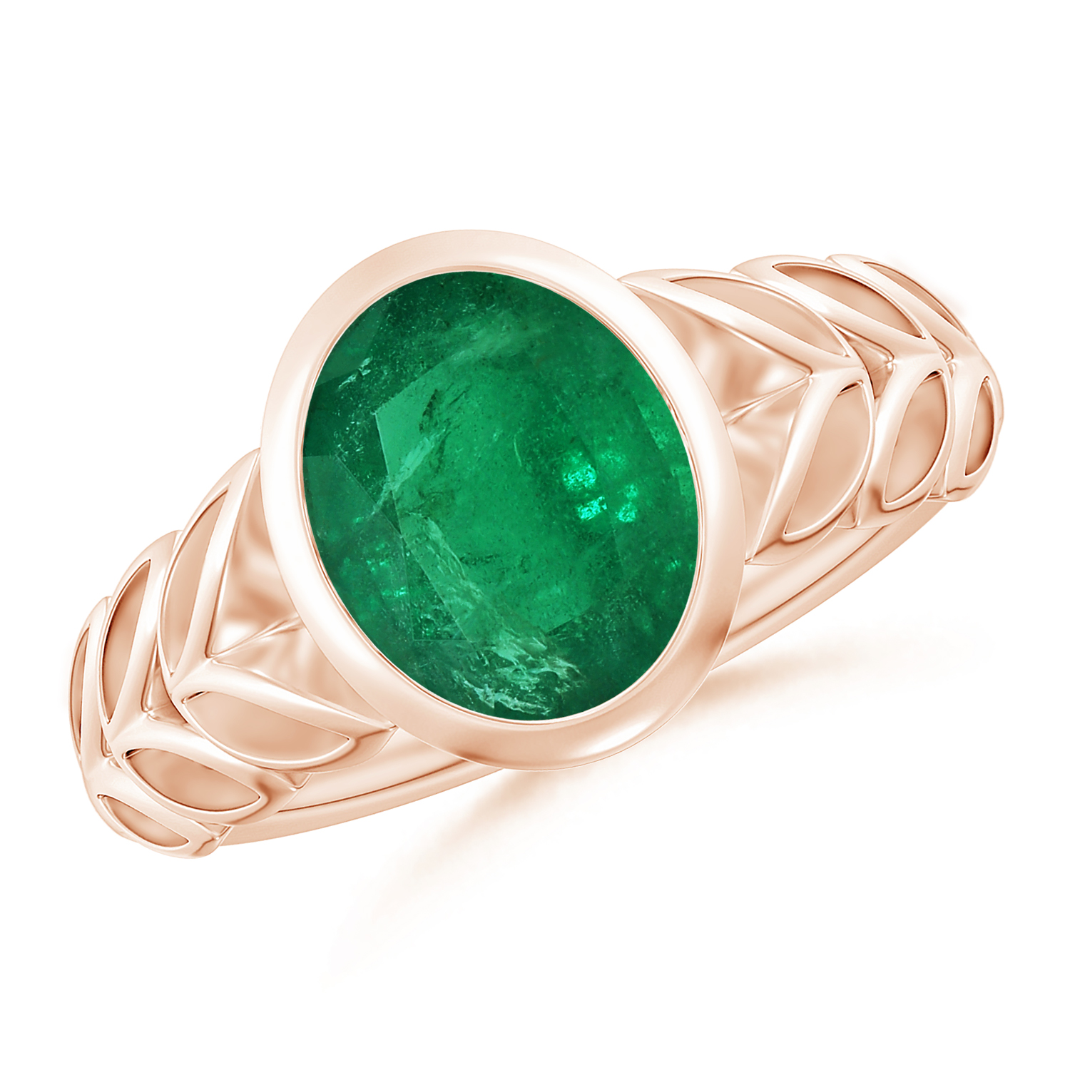  Oval Emerald (Panna) Ring With Leaf Motif 