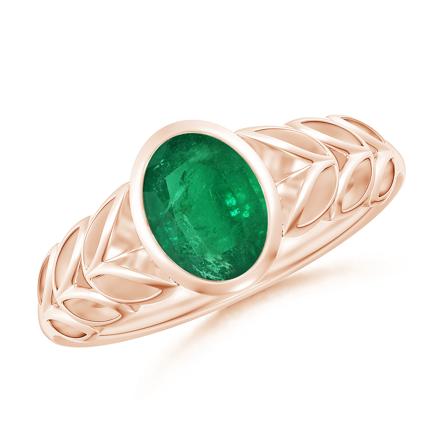 Oval Emerald (Panna) Ring With Leaf Motif