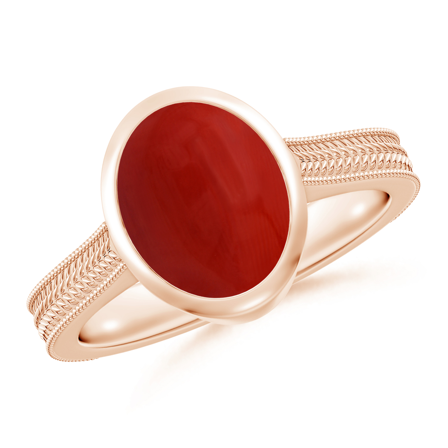 Peg-Set Oval Red Coral (Moonga) Feather Ring With Scrollwork