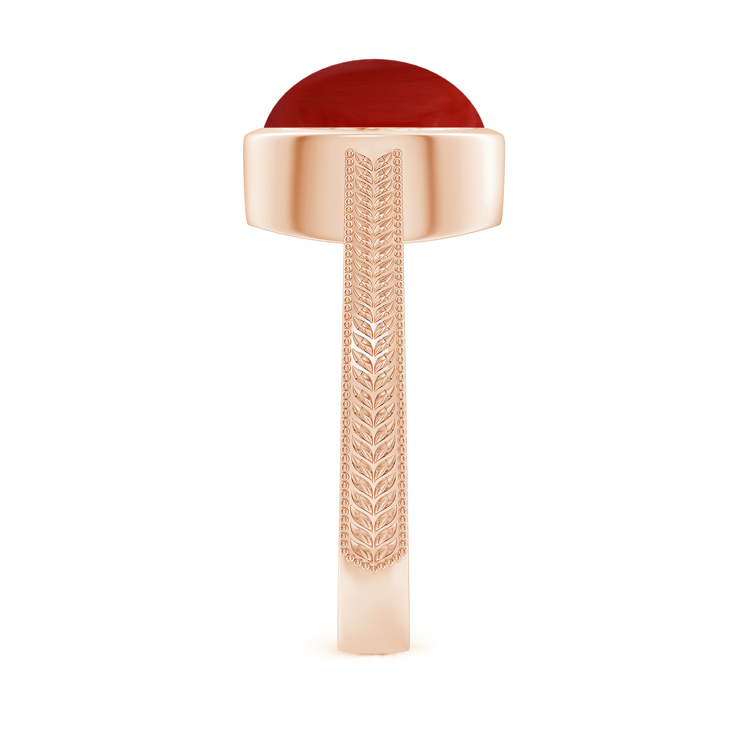 Peg-Set Oval Red Coral (Moonga) Feather Ring With Scrollwork