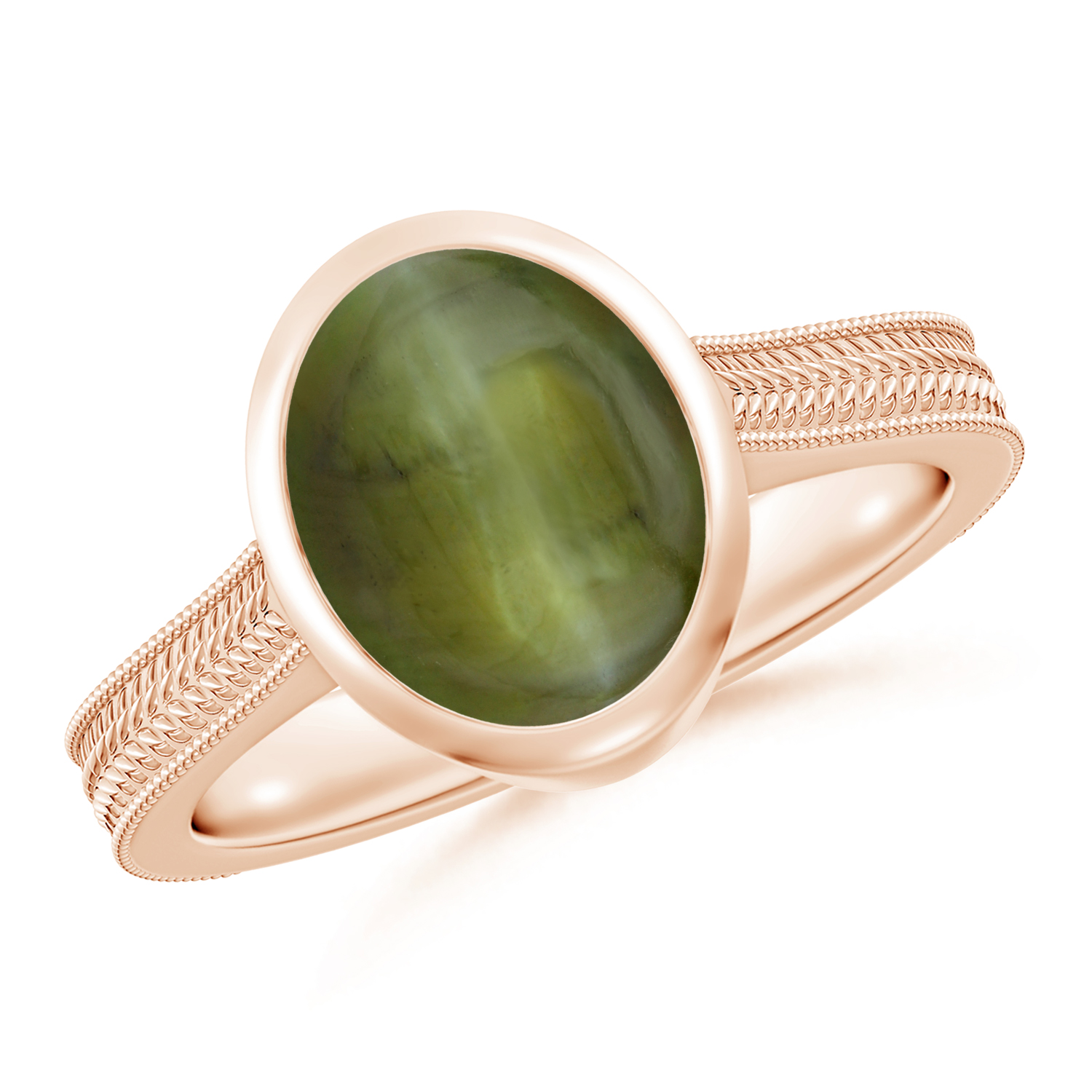 Peg-Set Oval Cat's Eye (Lehsunia) Feather Ring With Scrollwork