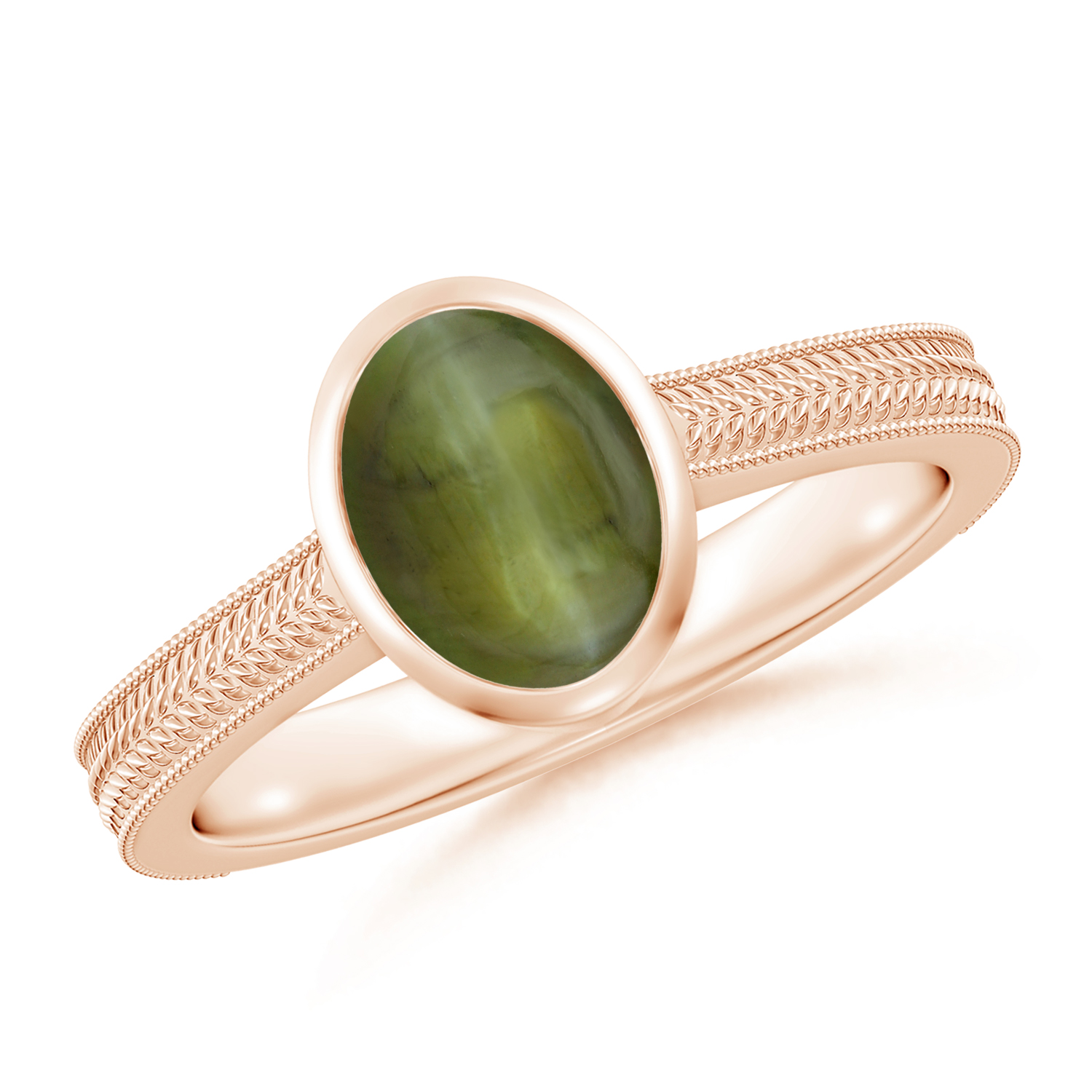 Peg-Set Oval Cat's Eye (Lehsunia) Feather Ring With Scrollwork