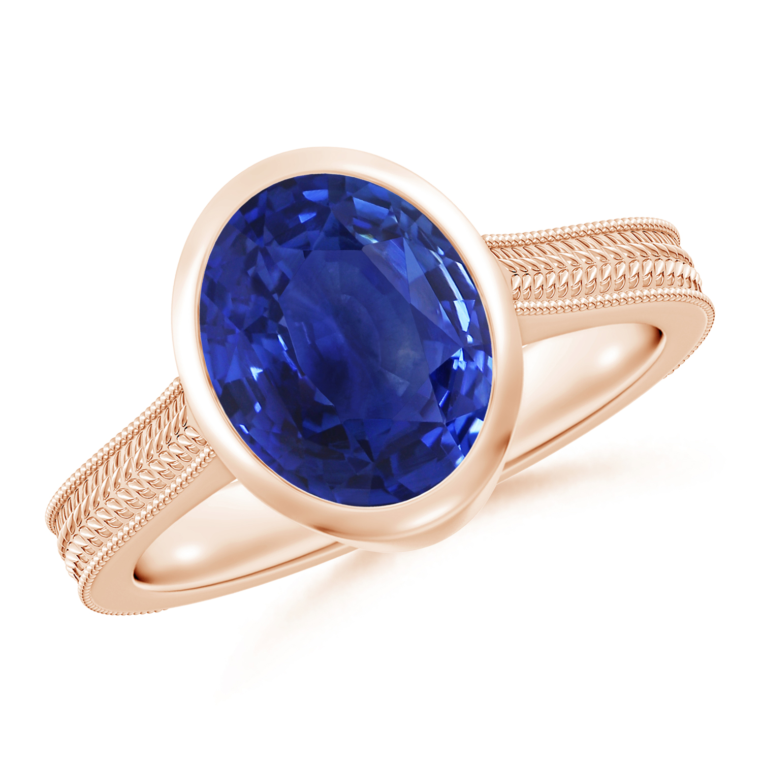 Peg-Set Oval Blue Sapphire (Neelam) Feather Ring With Scrollwork