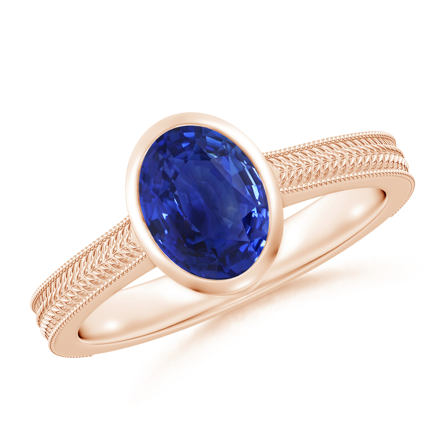 Peg-Set Oval Blue Sapphire (Neelam) Feather Ring With Scrollwork