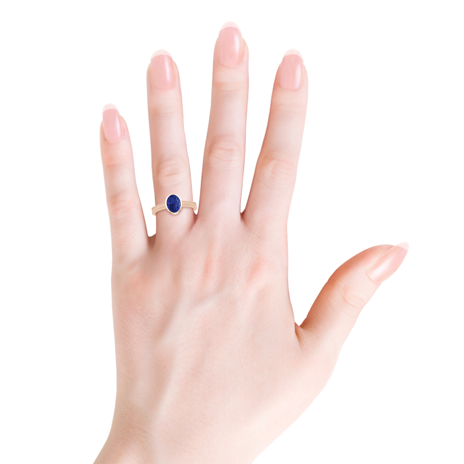 Peg-Set Oval Blue Sapphire (Neelam) Feather Ring With Scrollwork