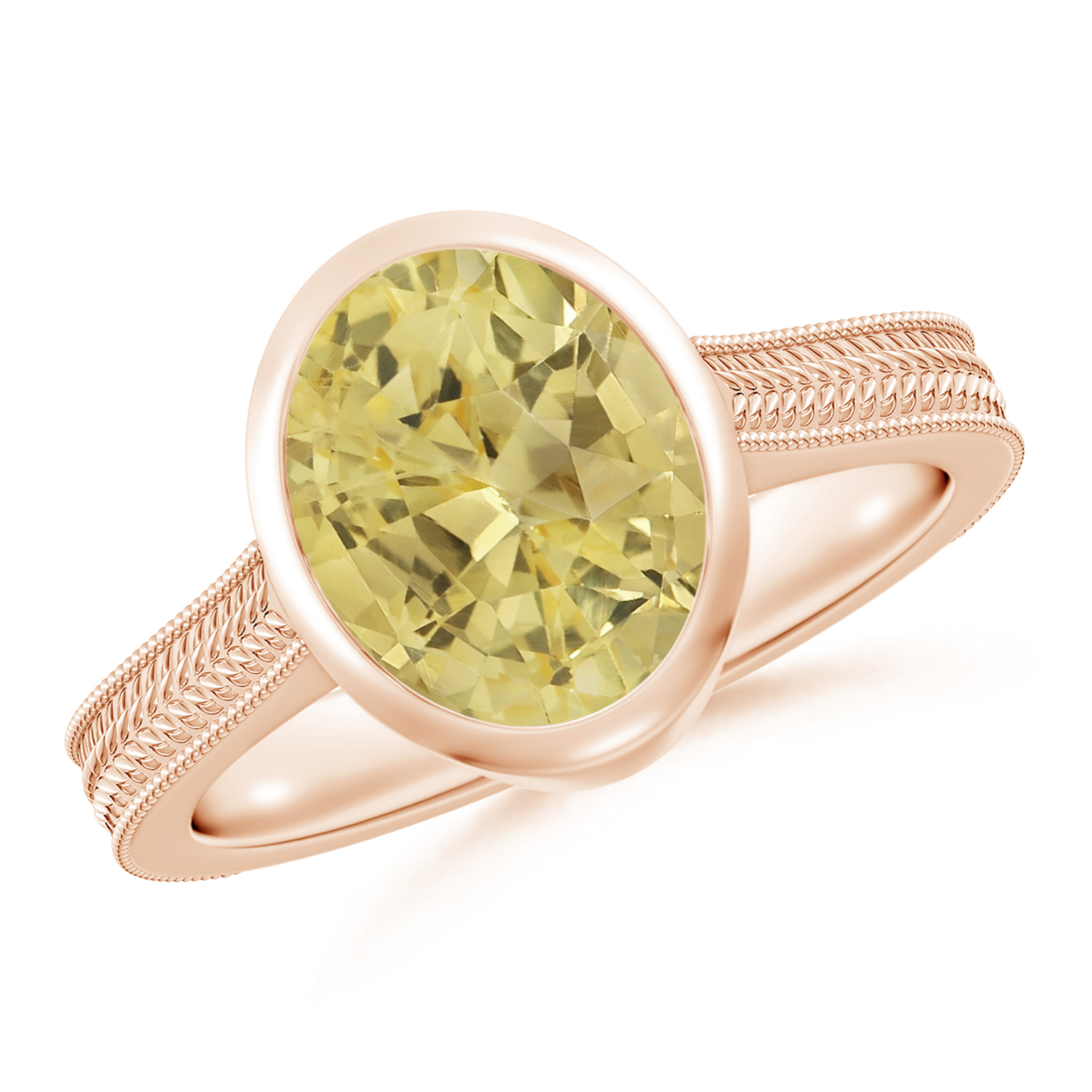 Peg-Set Oval Yellow Sapphire (Pukhraj) Feather Ring With Scrollwork