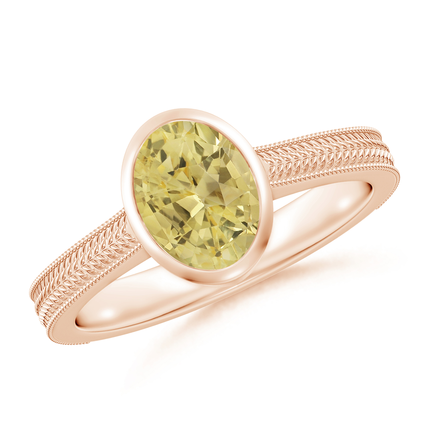 Peg-Set Oval Yellow Sapphire (Pukhraj) Feather Ring With Scrollwork