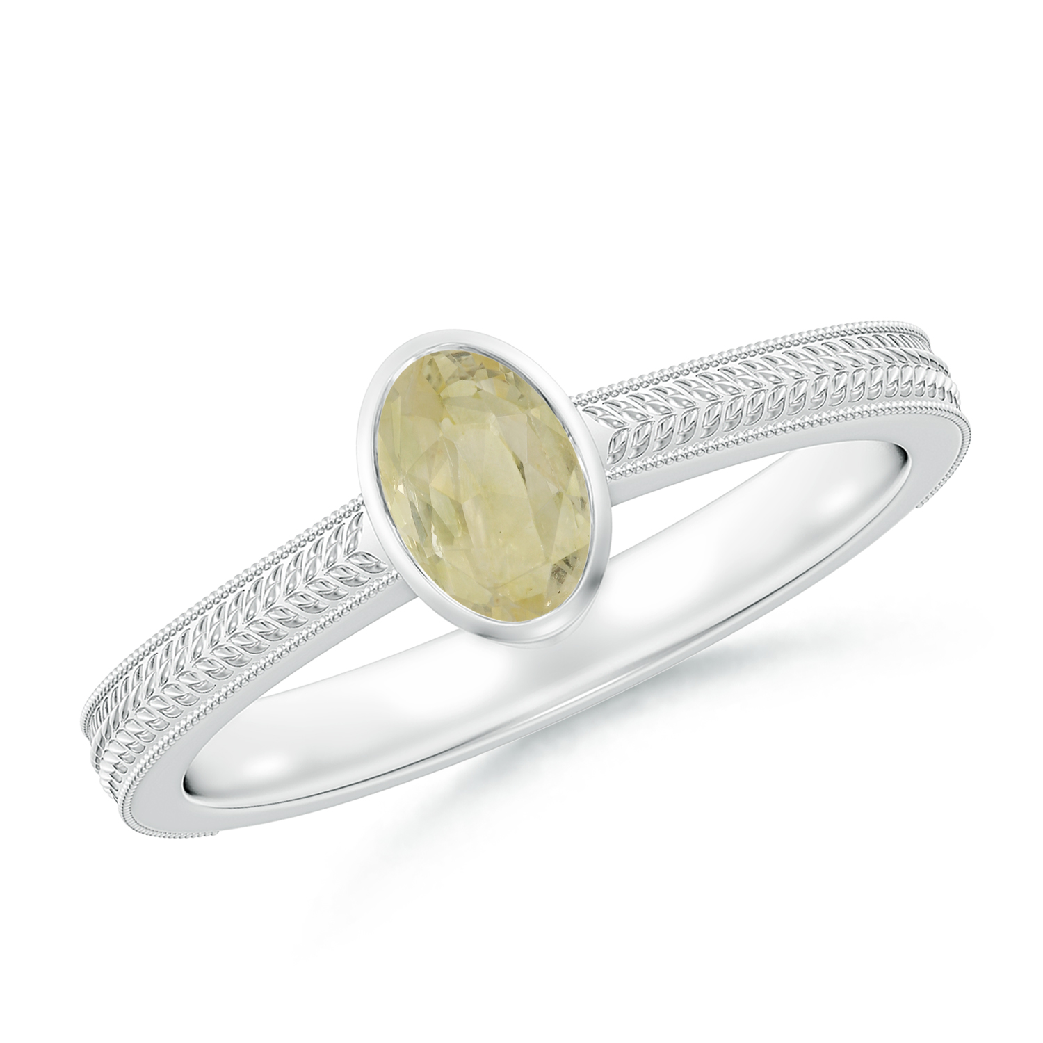 Peg-Set Oval Yellow Sapphire (Pukhraj) Feather Ring With Scrollwork