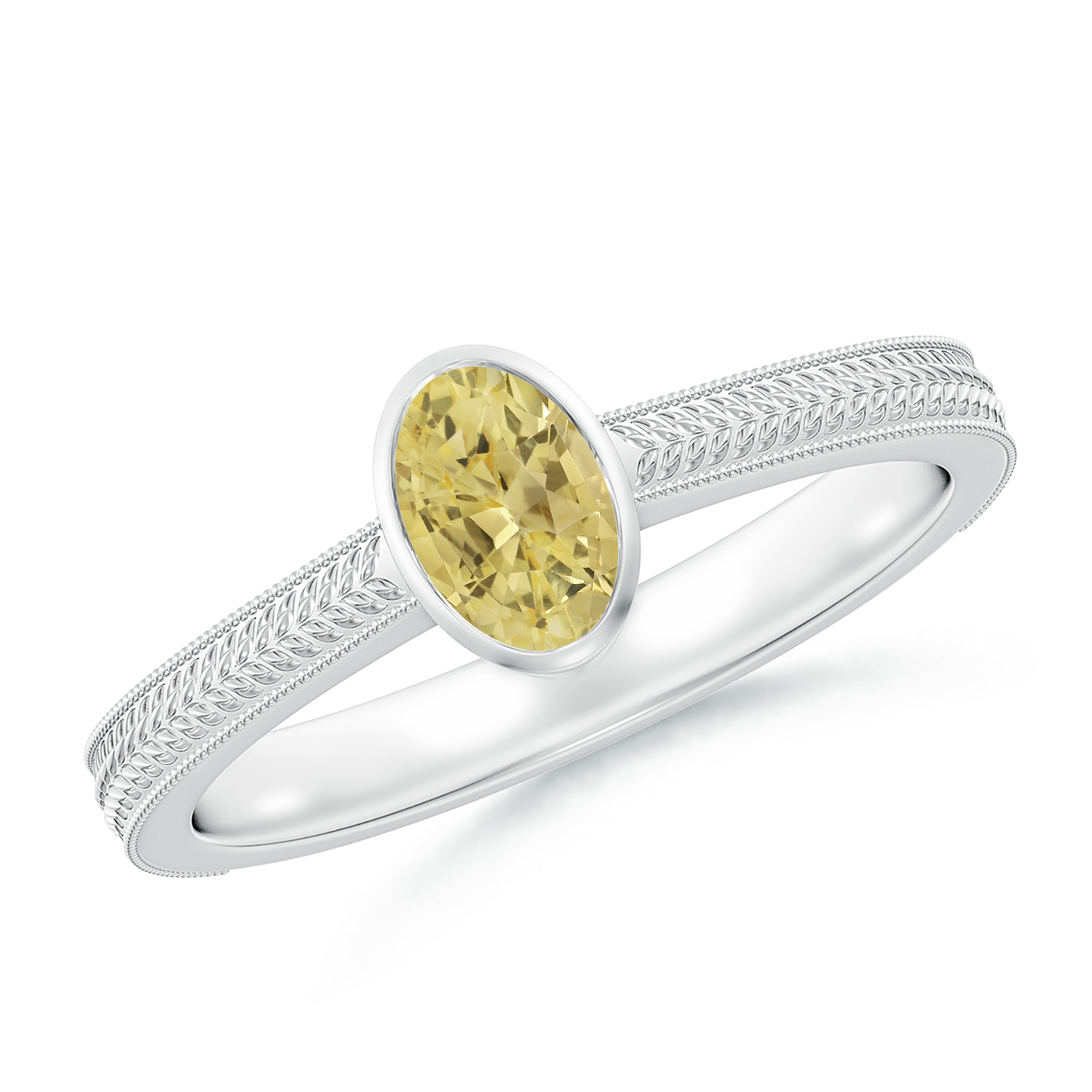 Peg-Set Oval Yellow Sapphire (Pukhraj) Feather Ring With Scrollwork