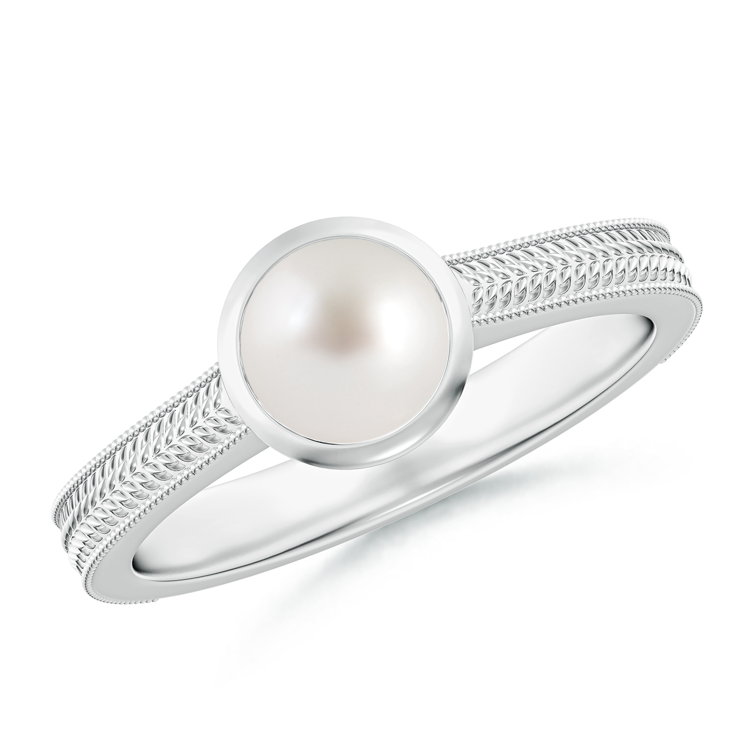Peg-Set Round Pearl (Moti) Feather Ring With Scrollwork