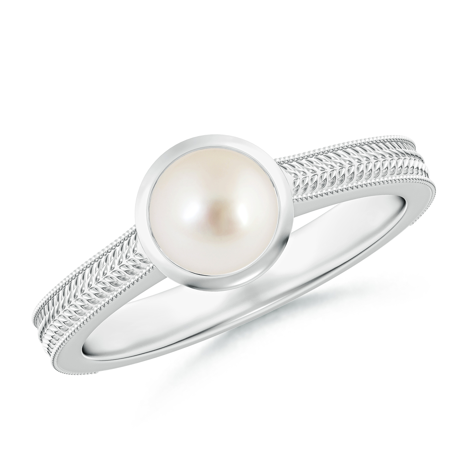 Peg-Set Round Pearl (Moti) Feather Ring With Scrollwork