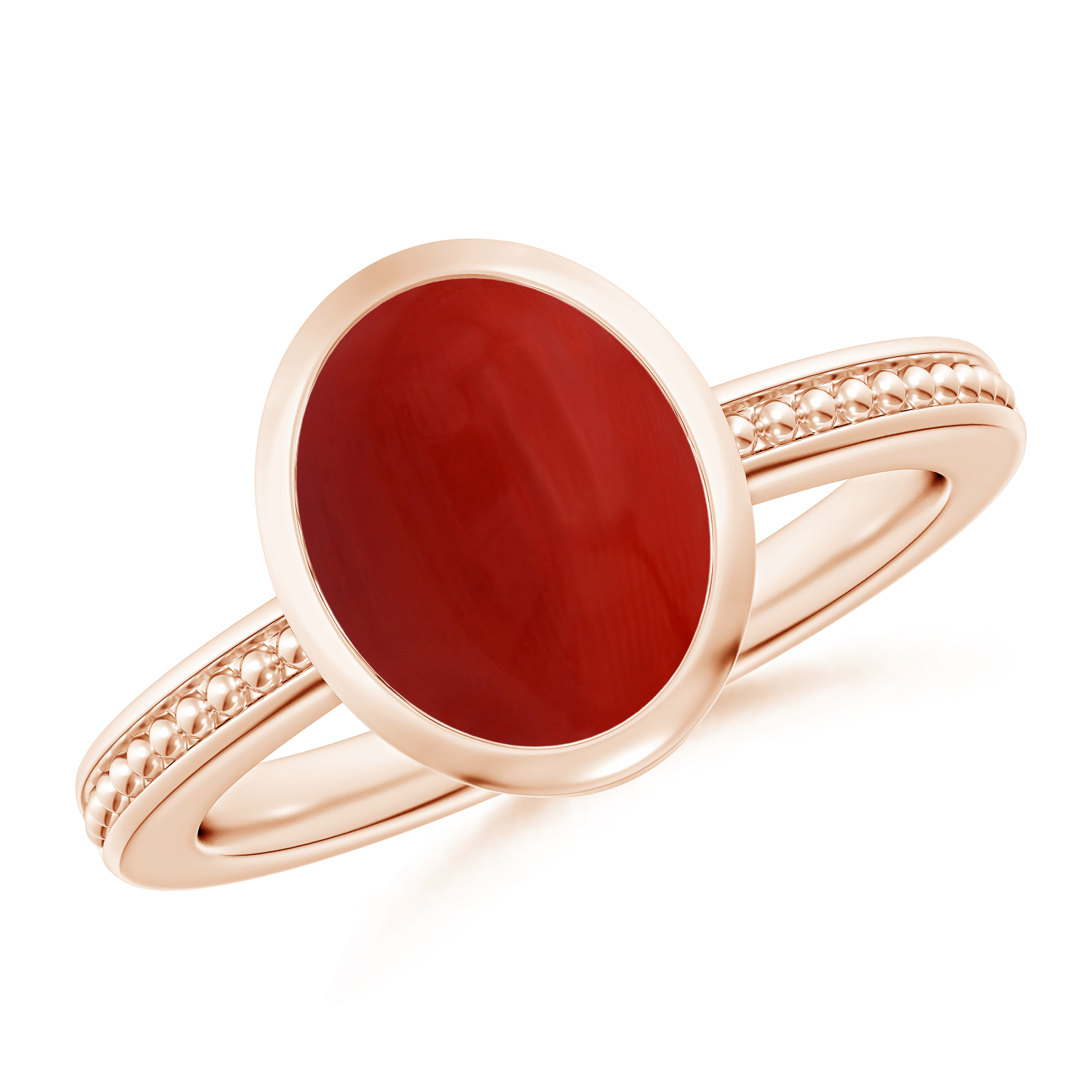 Bezel-Set Oval Red Coral (Moonga) Ring With Beaded Groove Shank
