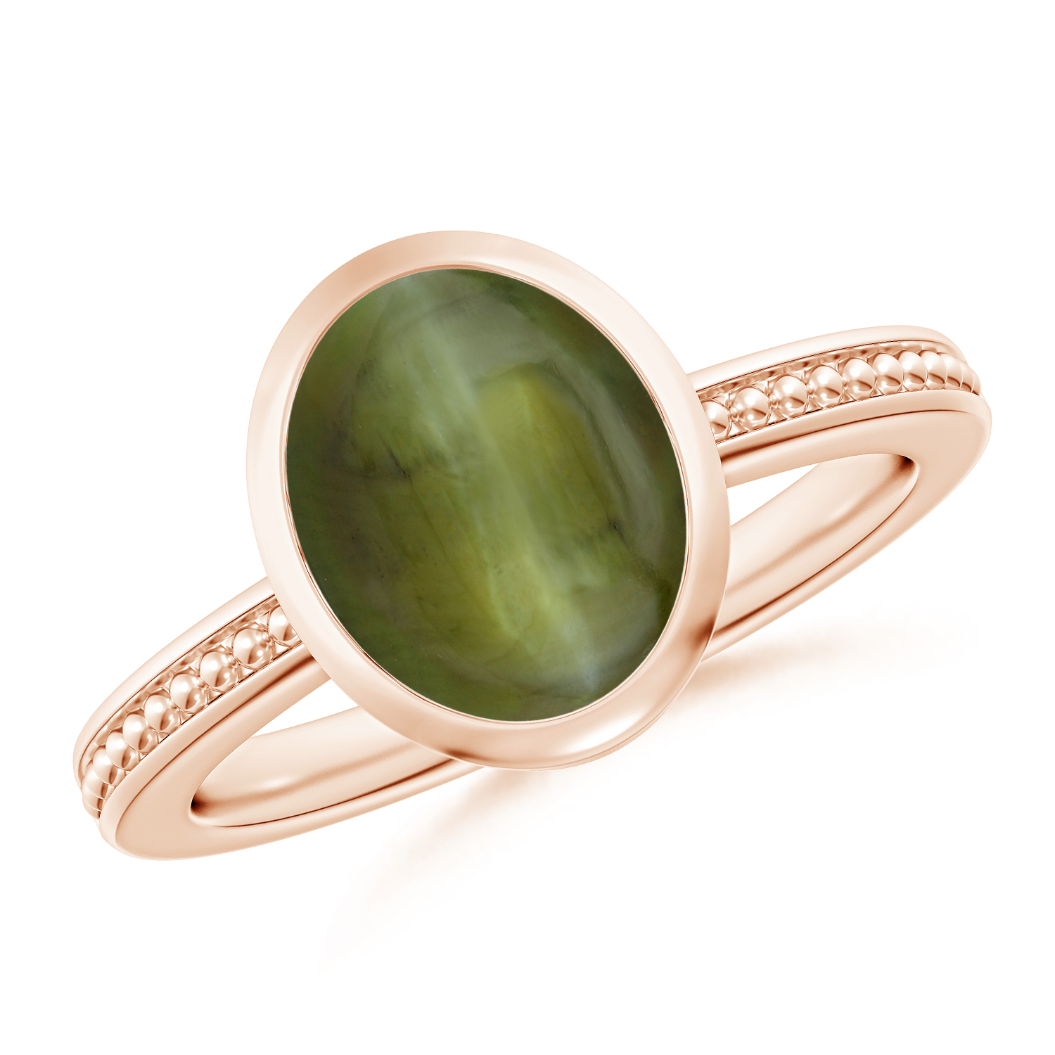 Bezel-Set Oval Cat's Eye (Lehsunia) Ring With Beaded Groove Shank