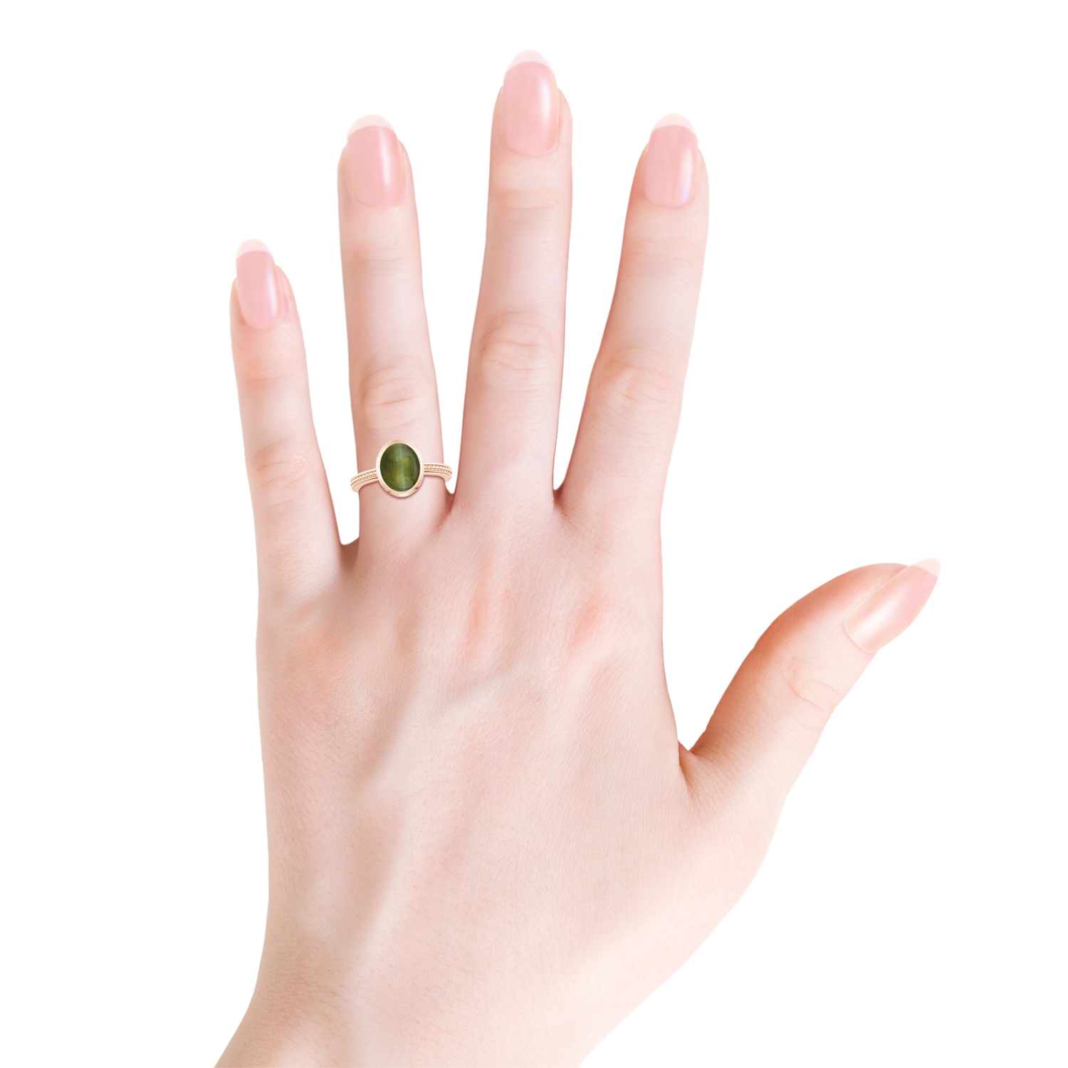 Bezel-Set Oval Cat's Eye (Lehsunia) Ring With Beaded Groove Shank