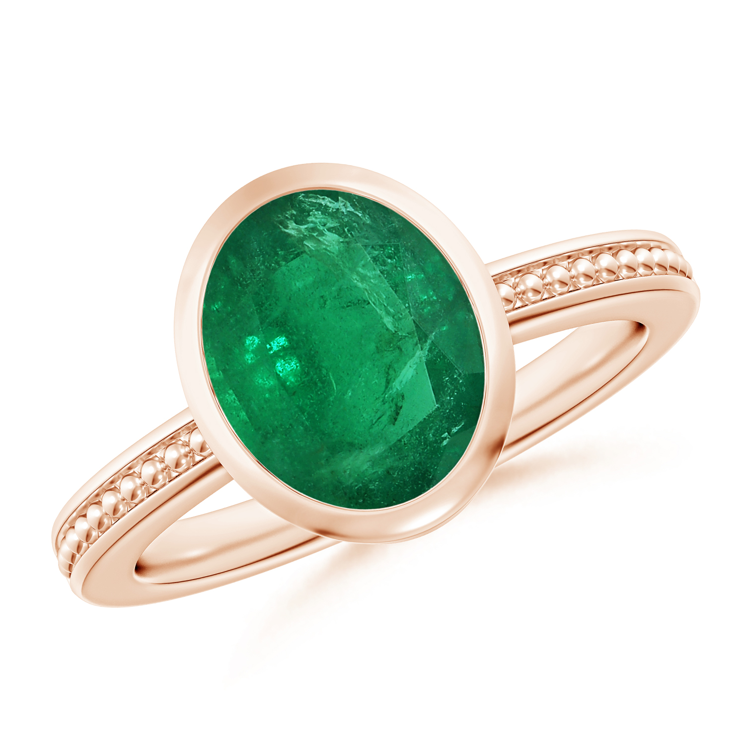 Bezel-Set Oval Emerald (Panna) Ring With Beaded Groove Shank