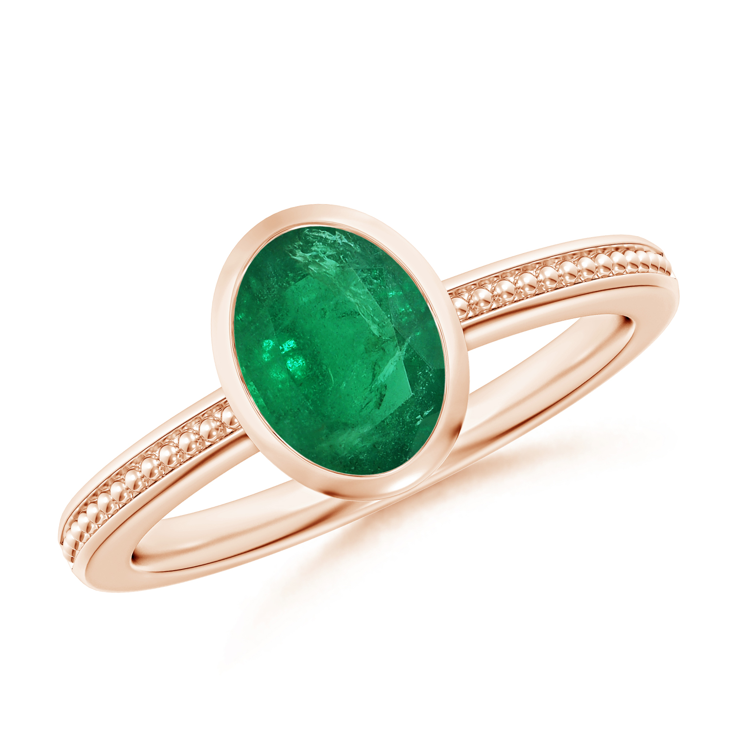 Bezel-Set Oval Emerald (Panna) Ring With Beaded Groove Shank
