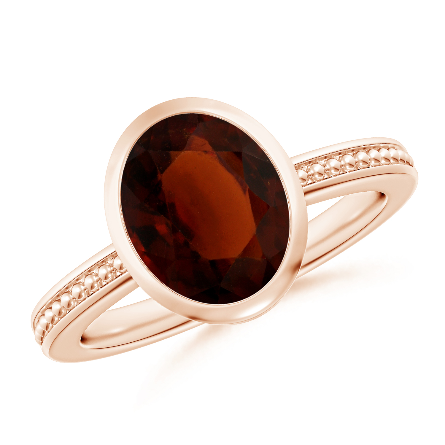 Bezel-Set Oval Hessonite (Gomed) Ring With Beaded Groove Shank