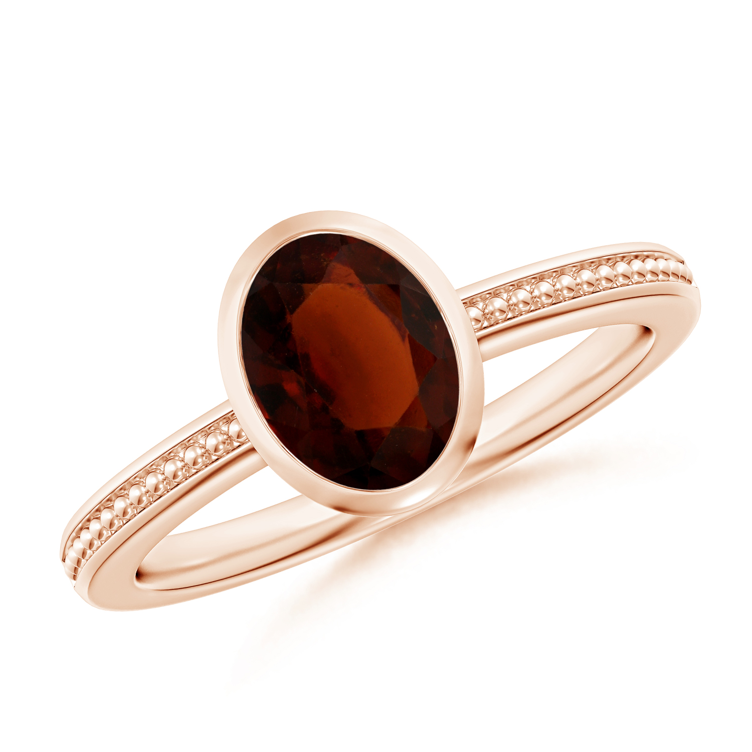 Bezel-Set Oval Hessonite (Gomed) Ring With Beaded Groove Shank