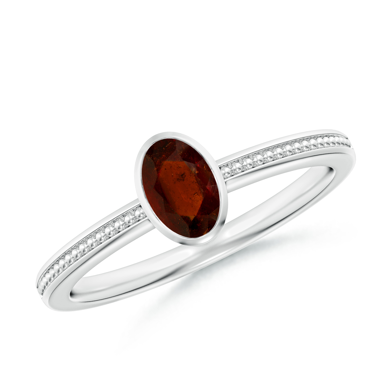 Bezel-Set Oval Hessonite (Gomed) Ring With Beaded Groove Shank