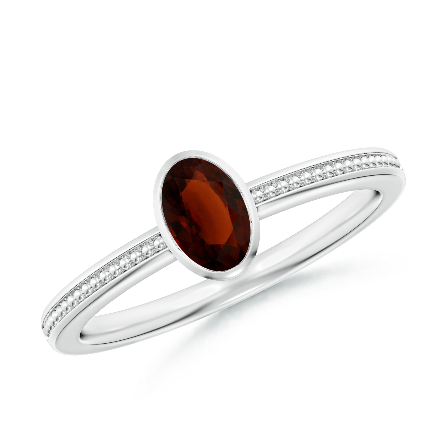 Bezel-Set Oval Hessonite (Gomed) Ring With Beaded Groove Shank