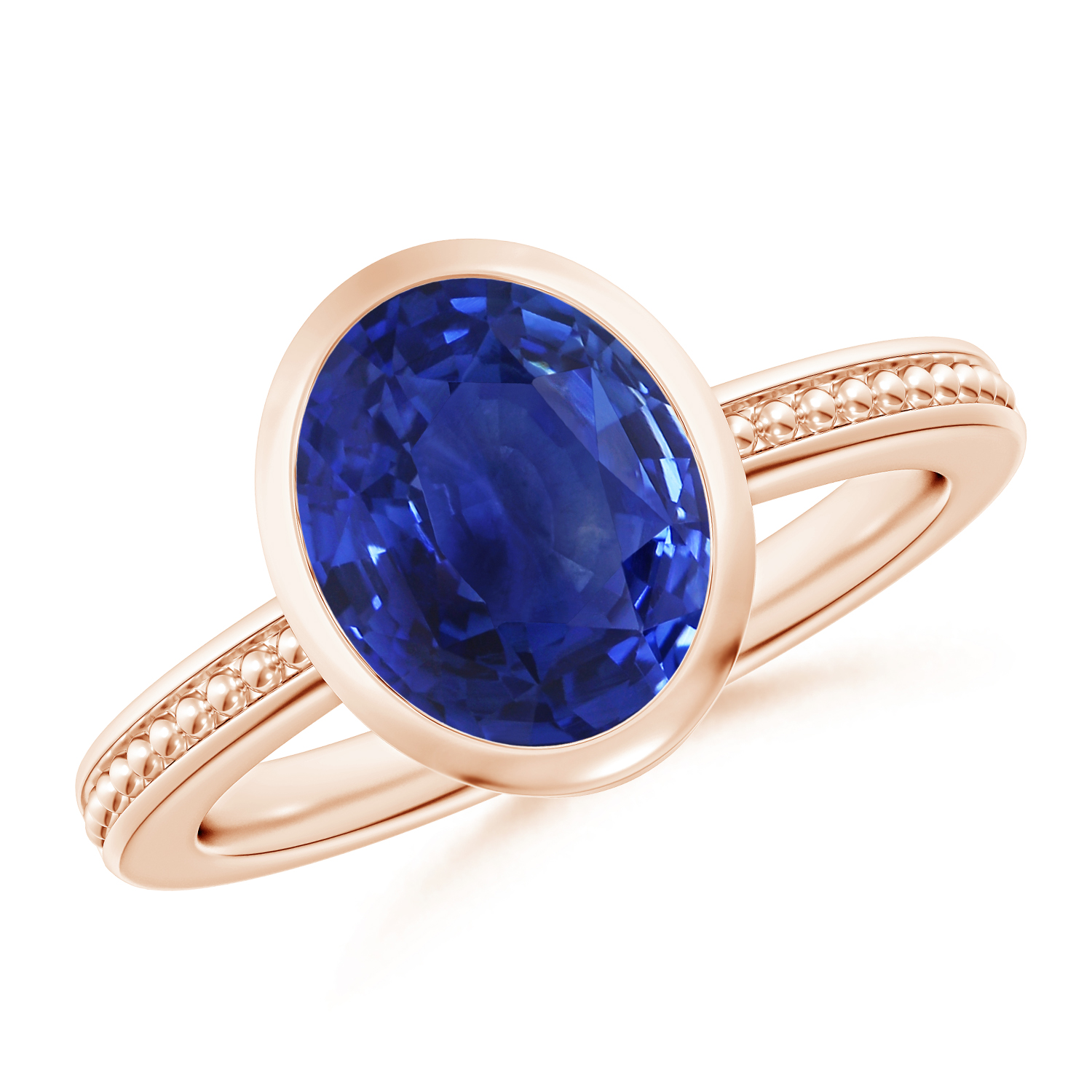 Bezel-Set Oval Blue Sapphire (Neelam) Ring With Beaded Groove Shank