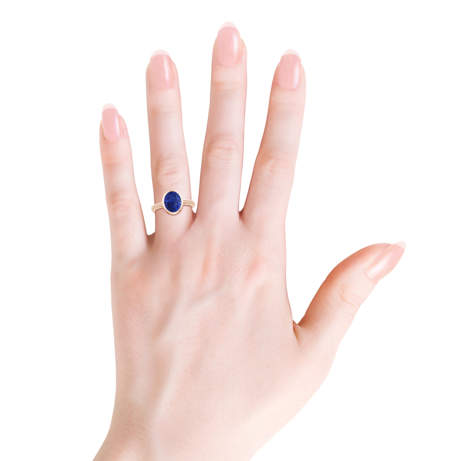 Bezel-Set Oval Blue Sapphire (Neelam) Ring With Beaded Groove Shank