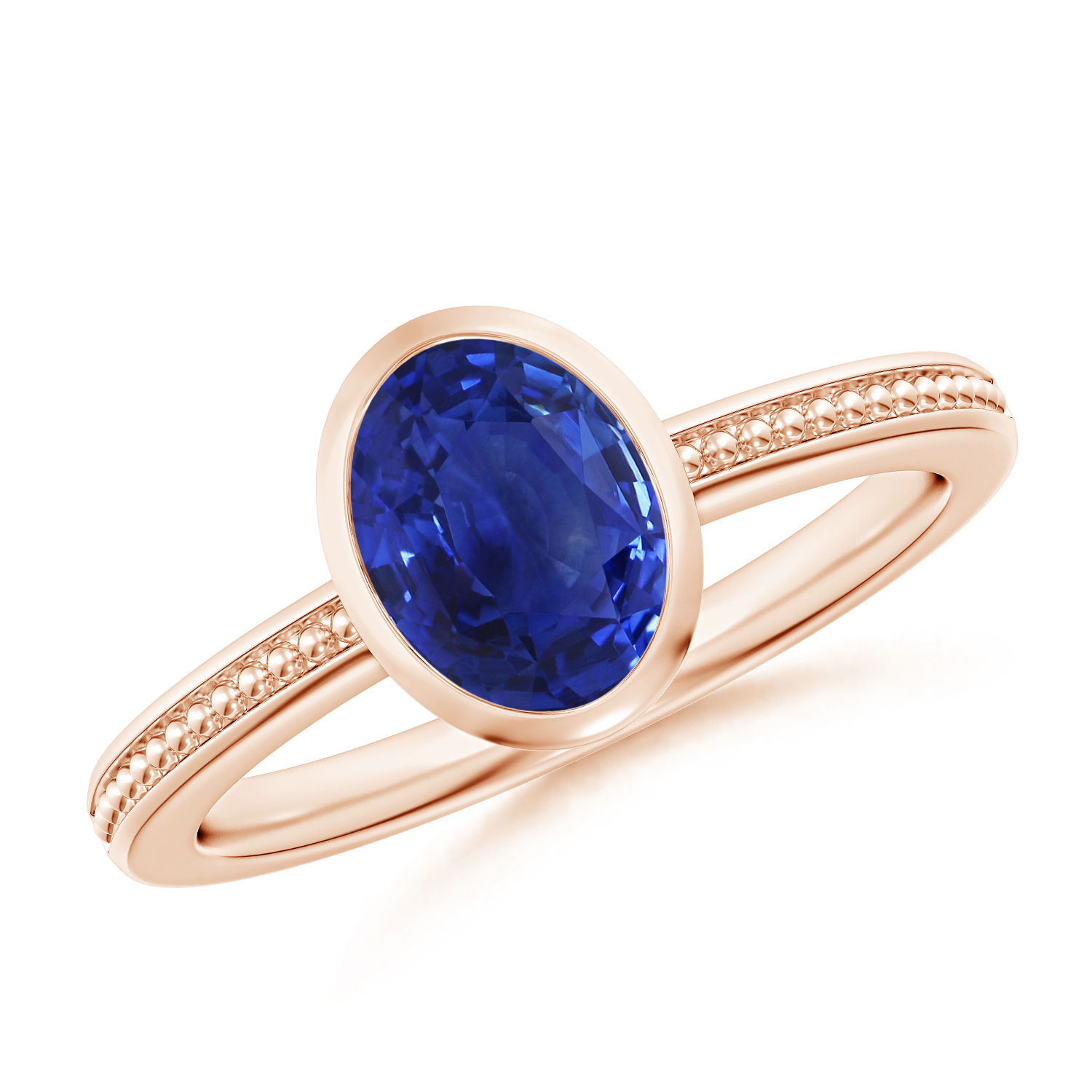 Bezel-Set Oval Blue Sapphire (Neelam) Ring With Beaded Groove Shank