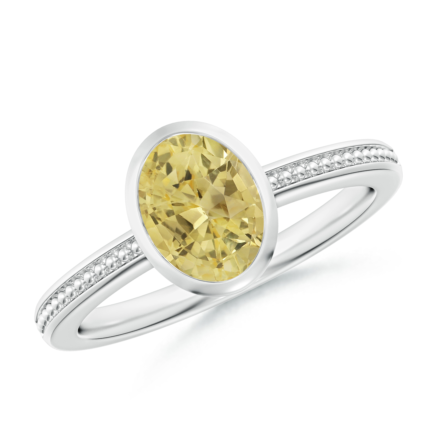 Bezel-Set Oval Yellow Sapphire (Pukhraj) Ring With Beaded Groove Shank