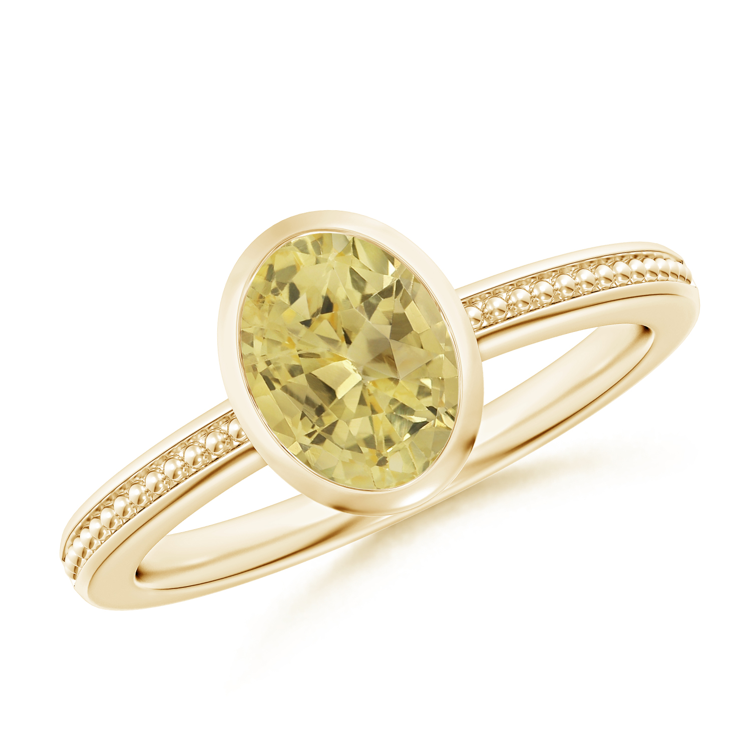 Bezel-Set Oval Yellow Sapphire (Pukhraj) Ring With Beaded Groove Shank