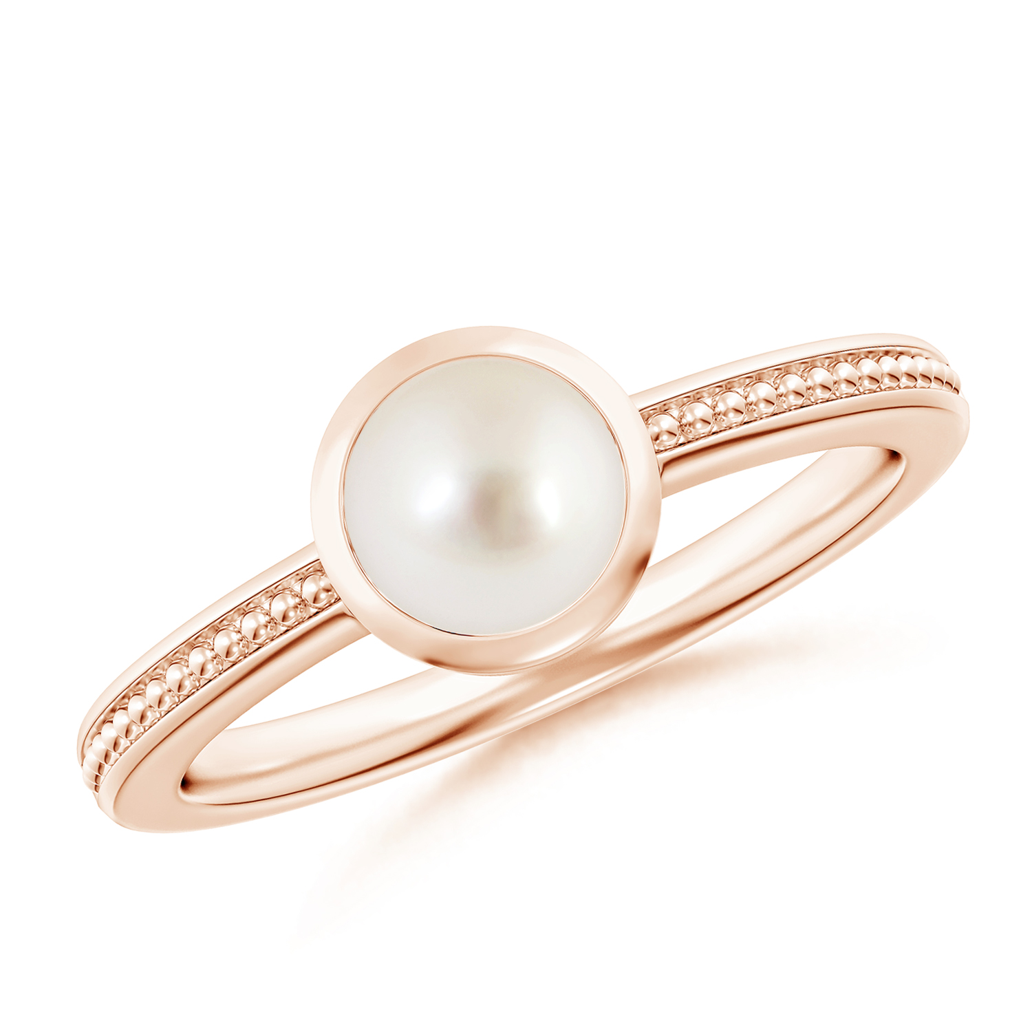 Bezel-Set Round Pearl (Moti) Ring With Beaded Groove Shank