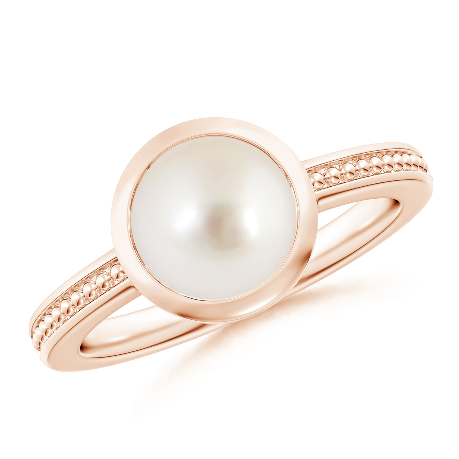 Bezel-Set Round Pearl (Moti) Ring With Beaded Groove Shank