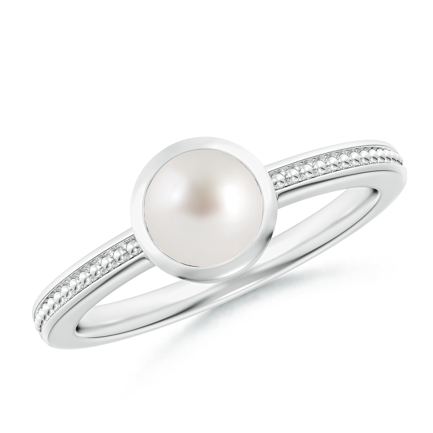 Bezel-Set Round Pearl (Moti) Ring With Beaded Groove Shank