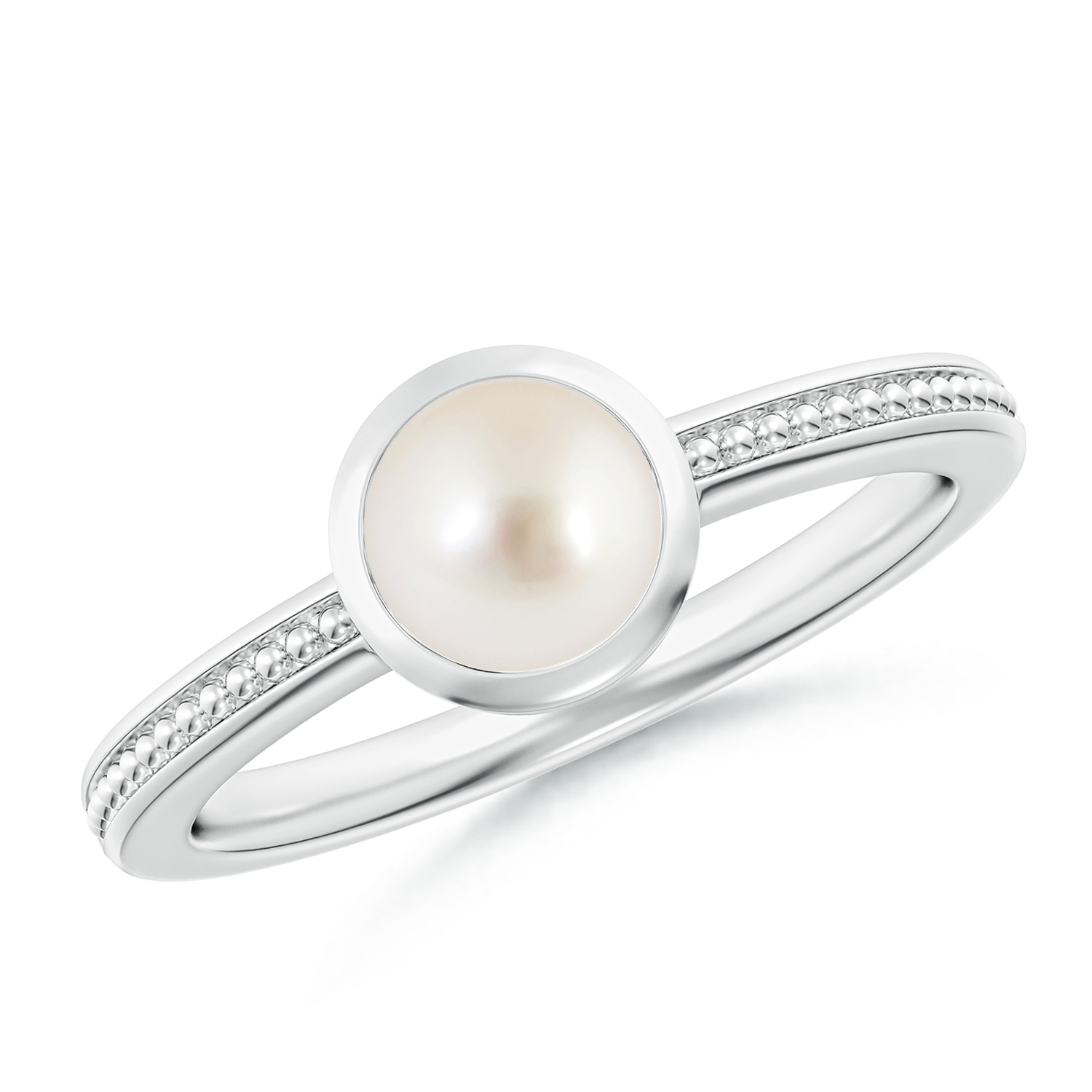Bezel-Set Round Pearl (Moti) Ring With Beaded Groove Shank