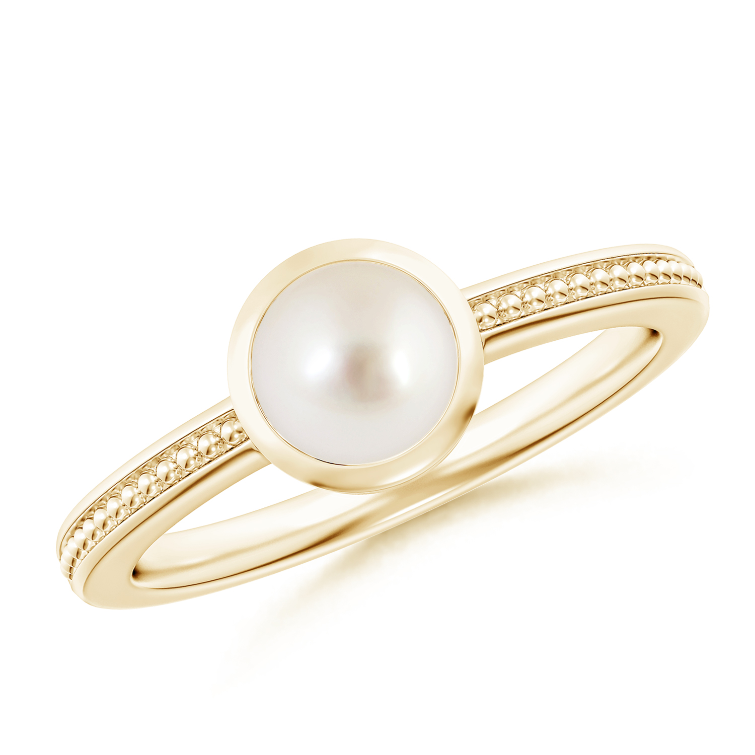 Bezel-Set Round Pearl (Moti) Ring With Beaded Groove Shank