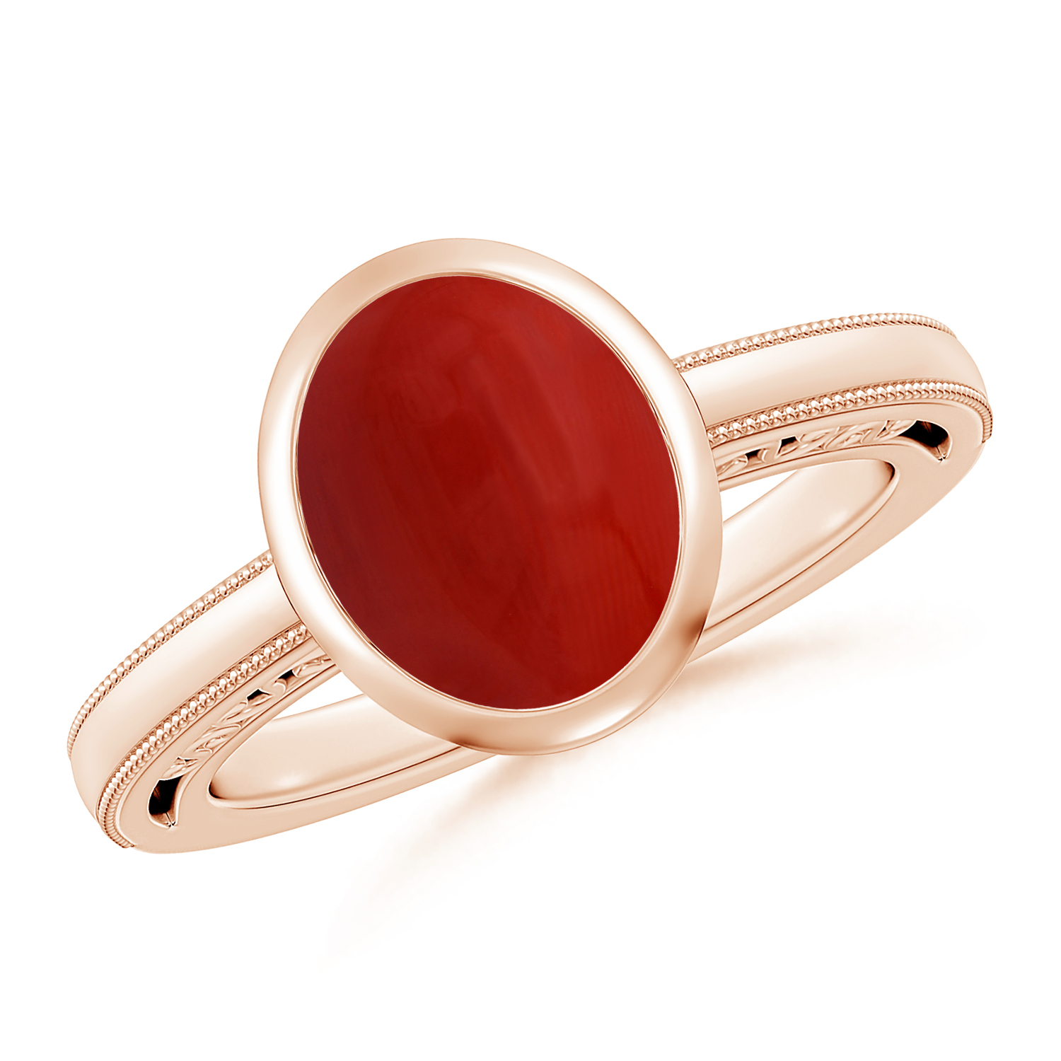  Oval Red Coral (Moonga) Solitaire Ring With Miligrain 