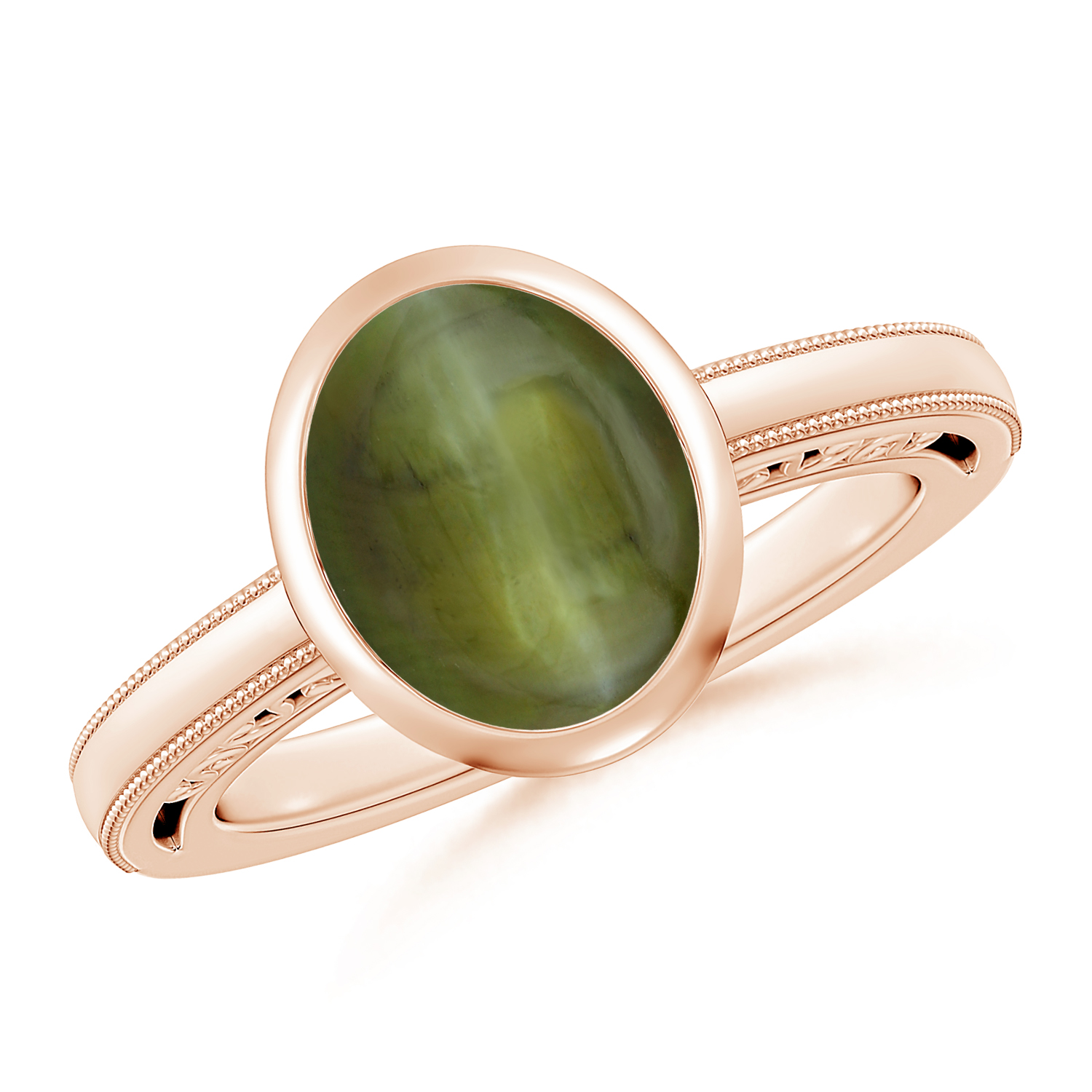  Oval Cat's Eye (Lehsunia) Solitaire Ring With Miligrain 