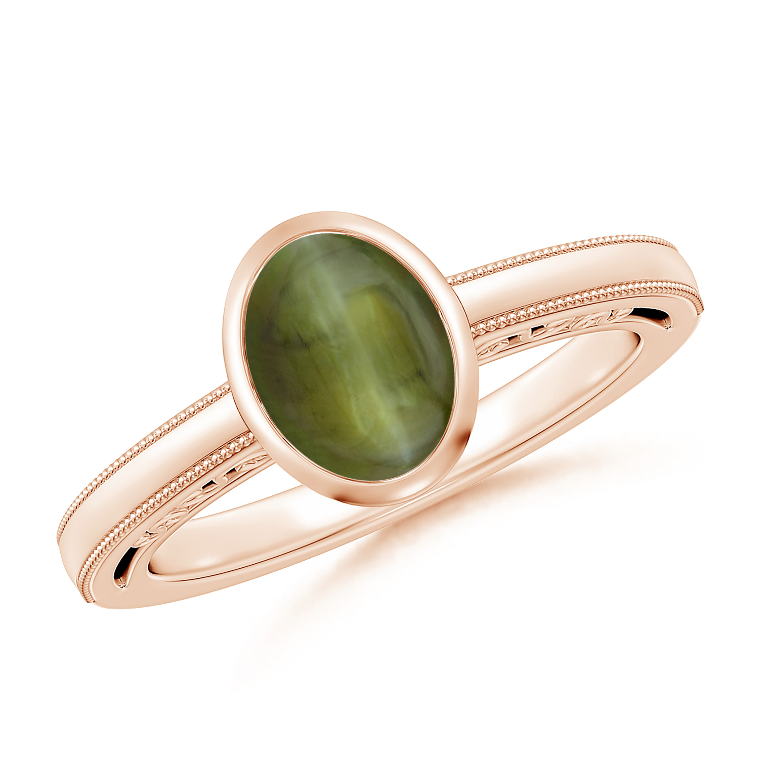 Oval Cat's Eye (Lehsunia) Solitaire Ring With Miligrain