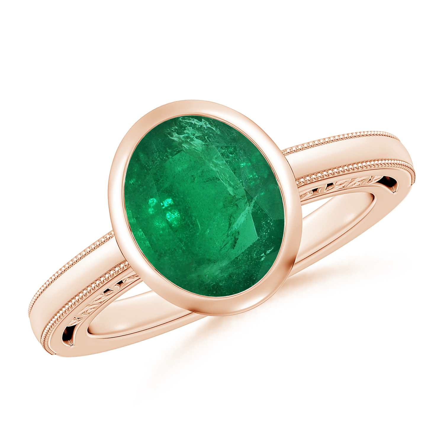  Oval Emerald (Panna) Solitaire Ring With Miligrain 