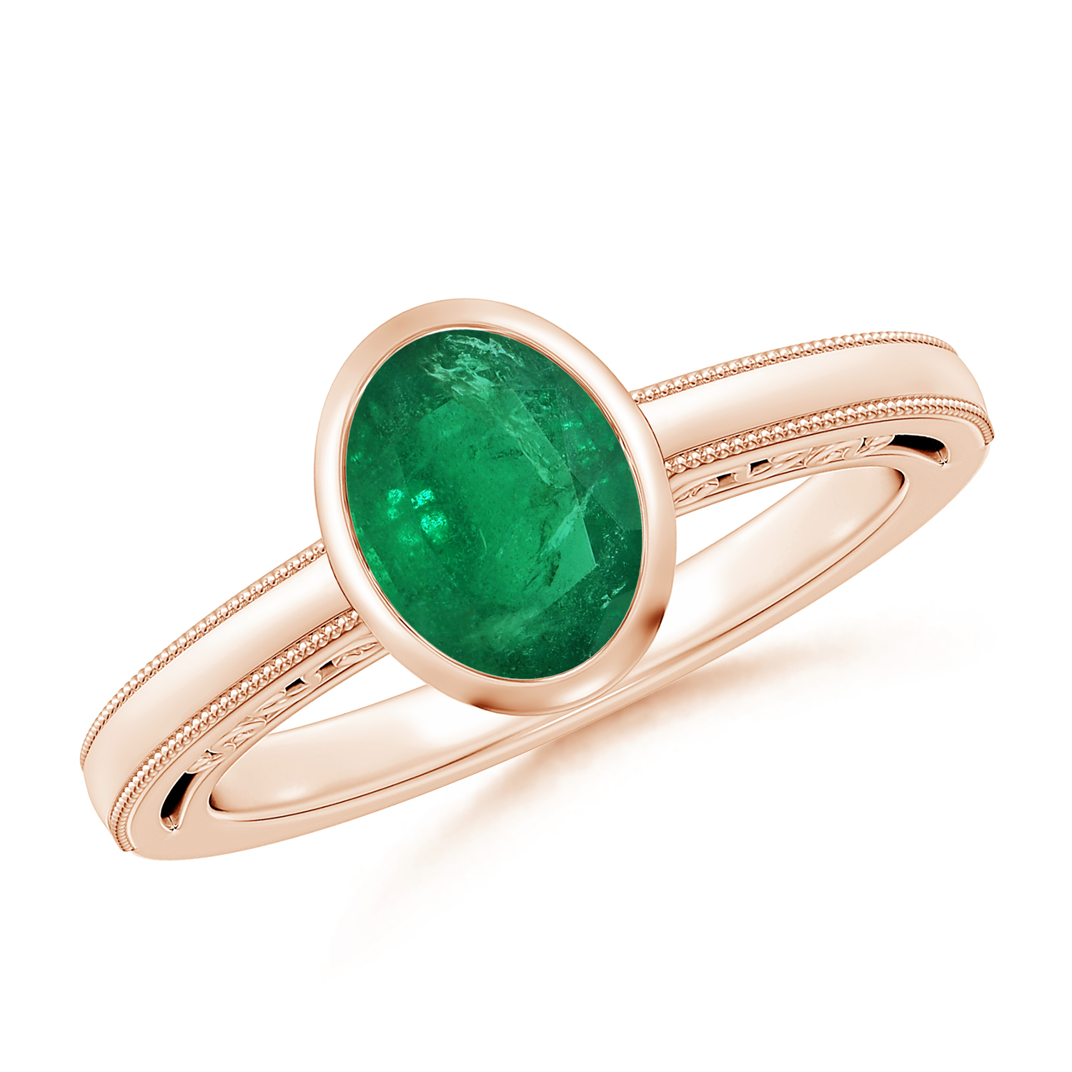 Oval Emerald (Panna) Solitaire Ring With Miligrain
